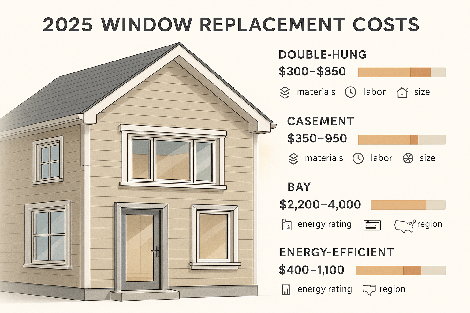 Educational infographic showing 2025 window replacement costs for homeowners, with a cross-sectioned house façade, labeled double-hung, casement, bay, and energy-efficient windows. Color-coded bars, material textures, and cost factors are clearly illustrated for accessible financial comparison