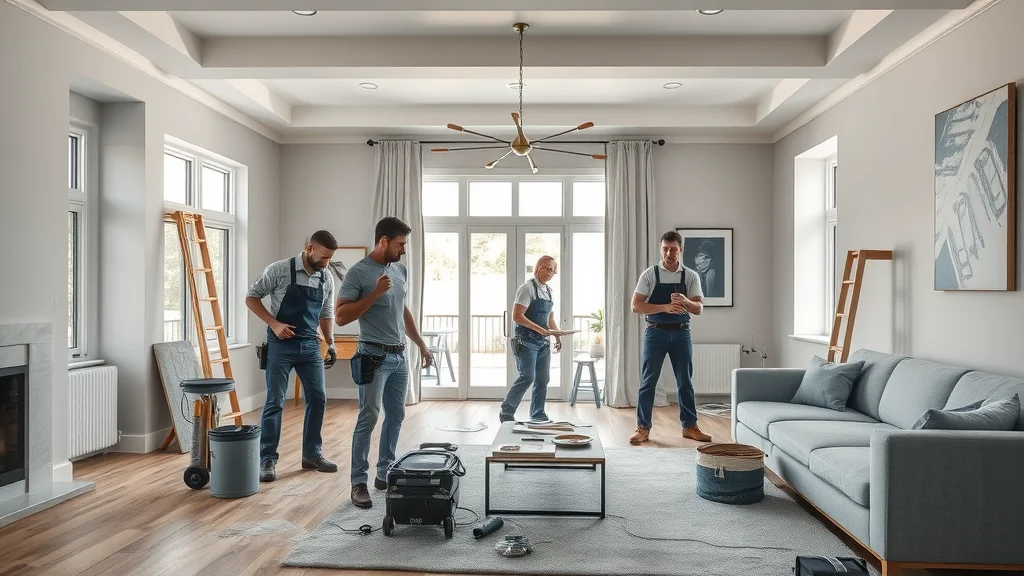 Modern home renovation with staged progress, team of contractors, flooring, walls, light fixtures, tips for remodeling on a budget, photorealistic, open plan, 24-70mm lens.