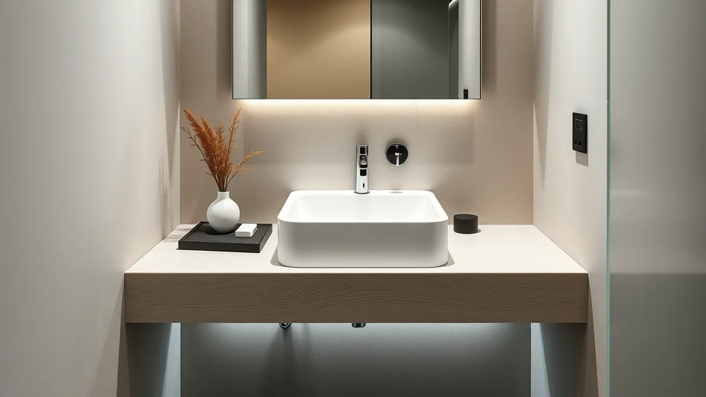 Chic floating vanity closeup as a small bathroom remodeling solution, no people, clean lines, seamless vanity with underfloor lighting and wall-mounted mirror in a high-end compact bathroom