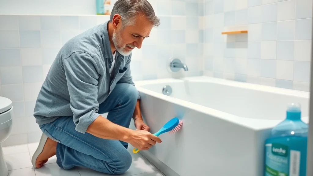 Homeowner cleaning bathroom tile grout, kneeling beside bathtub, bright bathroom - tile floor grout maintenance