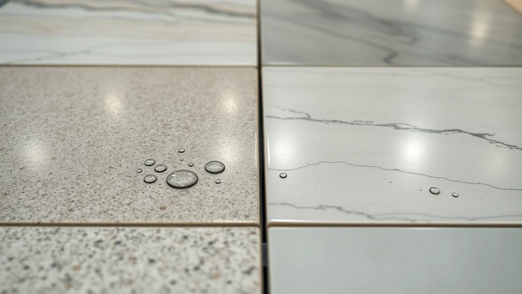 Close-up comparison of ceramic tile and porcelain tiles for bathroom flooring, water droplets on showroom samples
