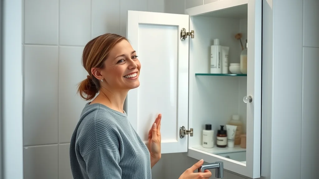 Subtle recessed medicine cabinet for small bathroom remodeling solutions, woman smiling at organized storage in compact bathroom with open cabinet doors displaying neatly arranged toiletries