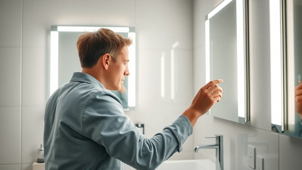 artificial lighting bathroom remodel contemporary bathroom lighting designer adjusting LED mirror lights modern design sunlight and soft artificial light mirror reflections realistic textures 35mm lens