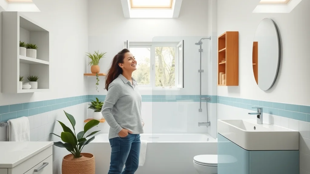 Bright modern small bathroom highlighting key small bathroom remodeling solutions, happy couple admiring open shelving, accent wall, and concealed storage under daylight