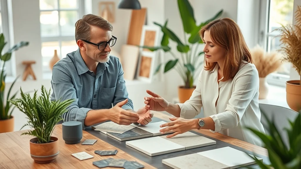 Interior designer and client reviewing tile swatches for bathroom remodel, collaborative consultation - bathroom tile options