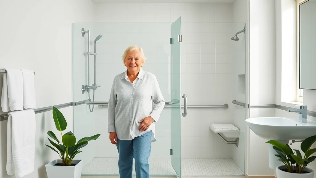 Accessible luxury bathroom by Banner Construction, featuring happy senior couple by a walk-in shower with grab bars and non-slip flooring, embodying safety, comfort, and elegant bathroom design.