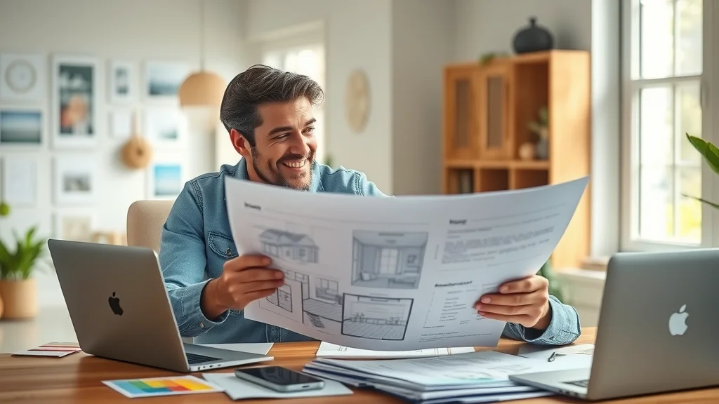 Organized workspace with budget planning for home remodeling, thoughtful couple reviewing blueprints, photorealistic home office with calming blues and wood tones, sunlight, 50mm lens, tips for remodeling on a budget.