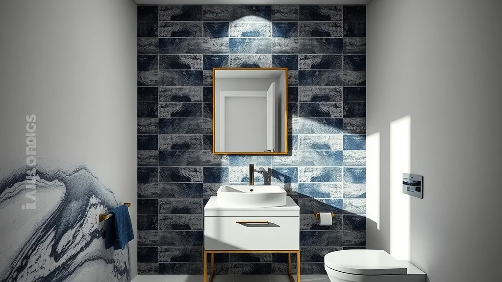 Bold accent wall design for small bathroom remodeling solutions, no people, dramatic tiled accent wall adds depth and luxury in a compact bath with modern vanity and mirror