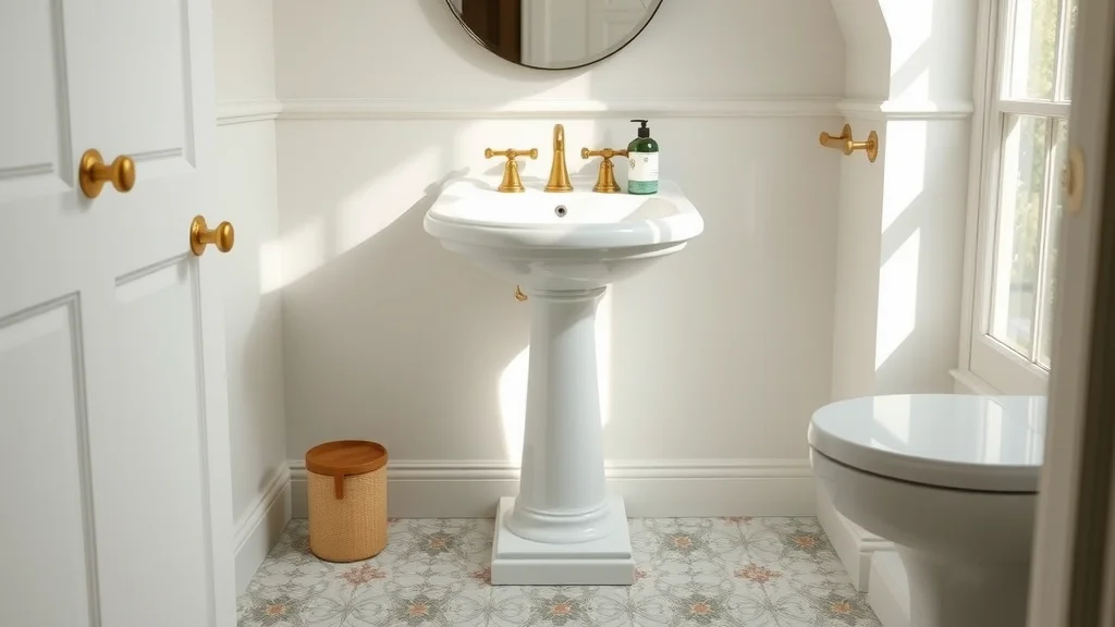 Classic pedestal sink setting for small bathroom remodeling solutions, tranquil minimalist guest bath with white porcelain pedestal, decorative tile, and simple brass fixtures under daylight