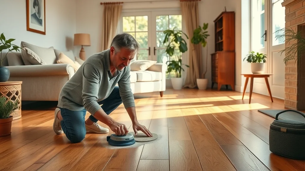 Peaceful living room with restored hardwood floors, sanding wood flooring, tips for remodeling on a budget, photorealistic, warm golden hour, vintage furniture, 35mm lens.