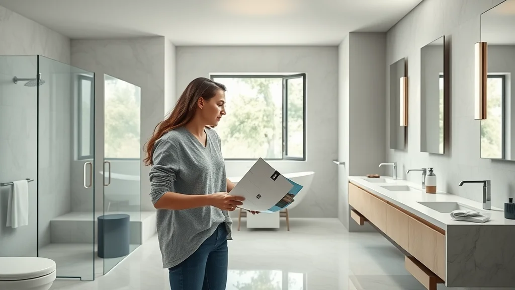 Modern luxury bathroom with large-format tiles, couple examining tile samples, glass shower, and natural stone vanity - pros and cons of bathroom tiles