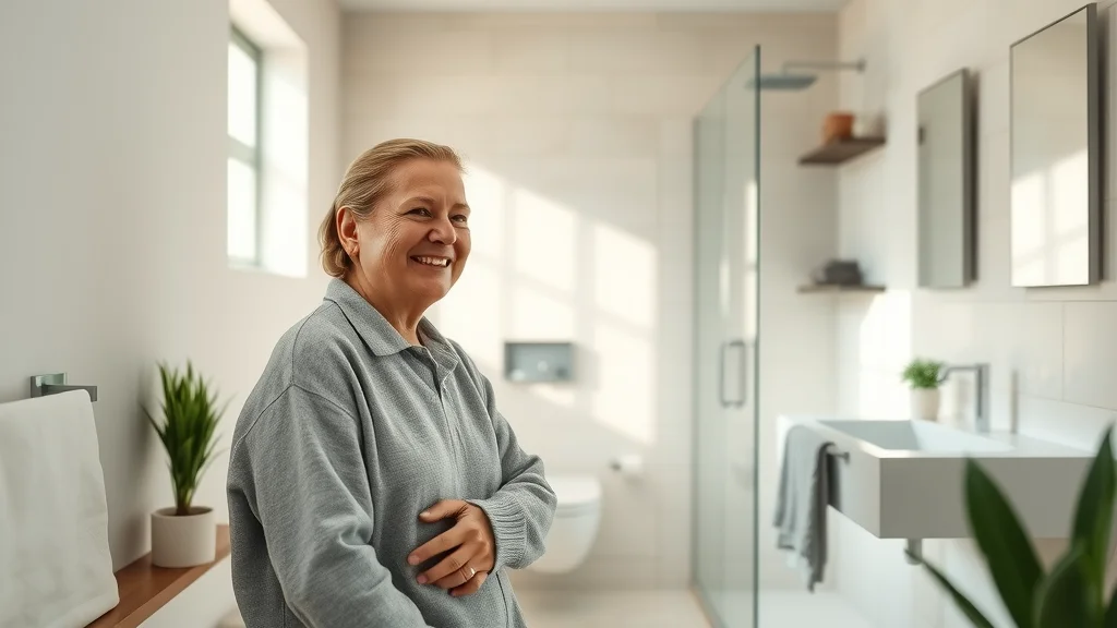 Inviting small modern bathroom featuring small bathroom remodeling solutions, a homeowner admiring a freshly remodeled space with floating vanity, light-colored walls, and glass shower panel, styled with elegant tiles, decorative towels, and plants under natural light