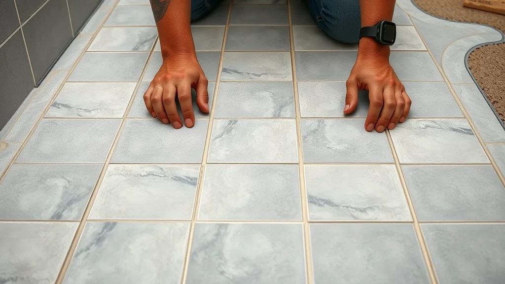 Bathroom floor installation with 1/3 tile offset staggered pattern, highlighting tile flooring best practices