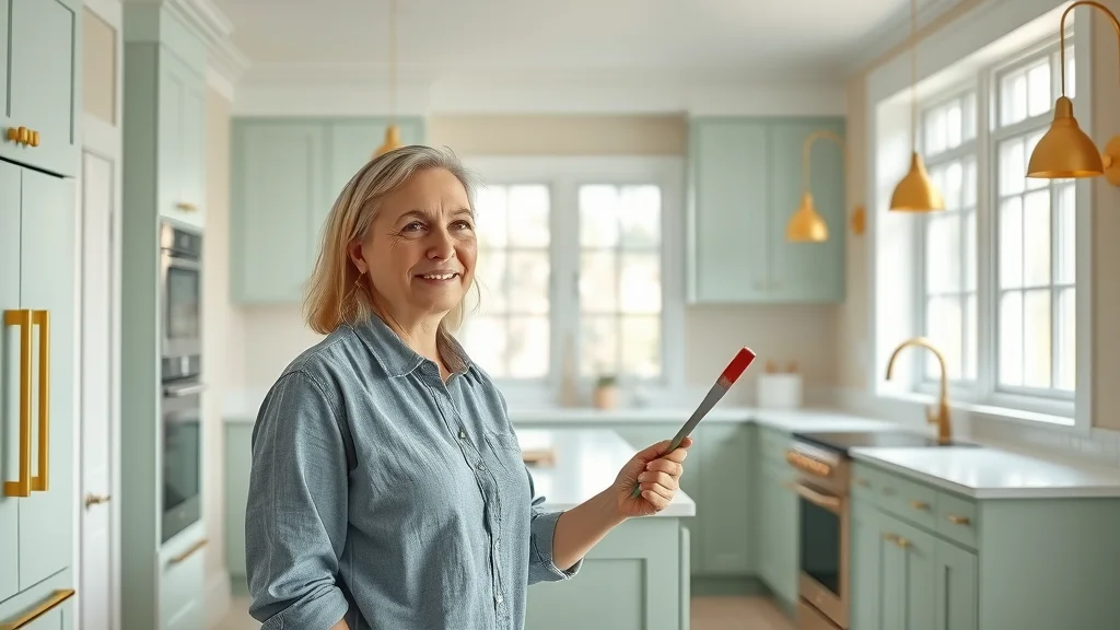 Upscale kitchen remodel with trending mint green walls, gold fixtures, modern finishes, and tranquil atmosphere.