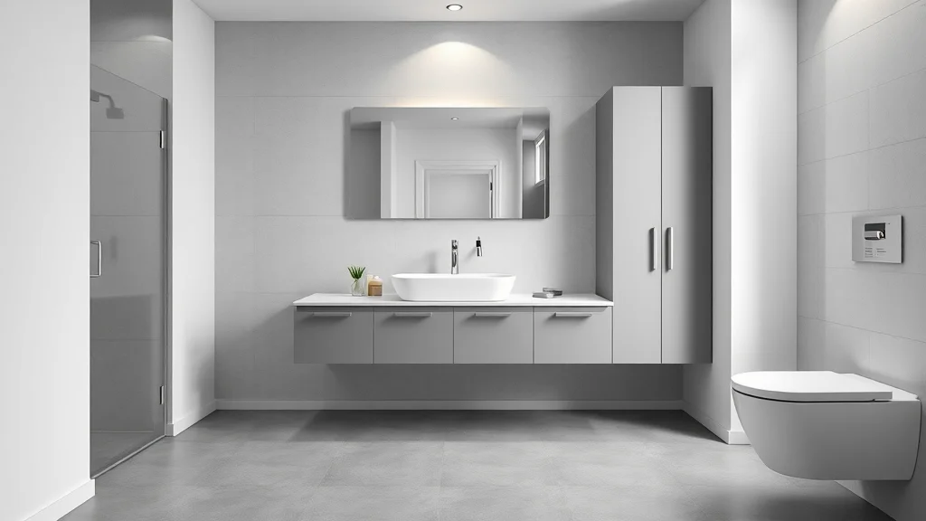 Contemporary floating vanity for small bathroom remodeling solutions, minimalist design in compact upscale bathroom with seamless tile, ample floor space, and streamlined cabinets under overhead lighting