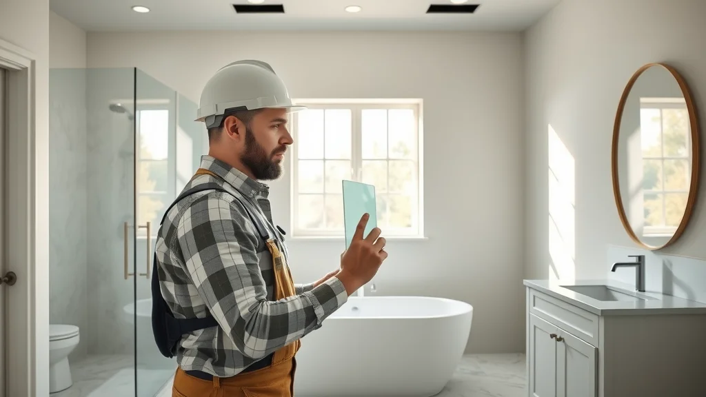 maximizing natural light in bathrooms sleek bathroom mid-remodel contractor holding smart glass panel sunlit bathtub open layout photorealistic high-end finishes natural light upgrade materials 24-70mm lens