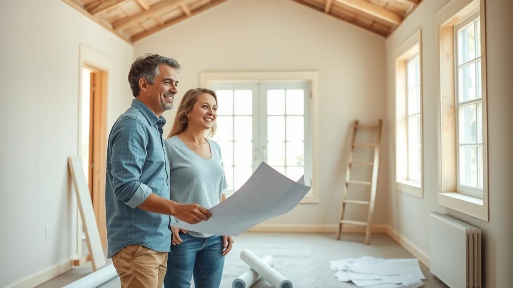 Happy couple and contractor reviewing renovation progress in a sunlit room addition — save money, home addition, addition cost