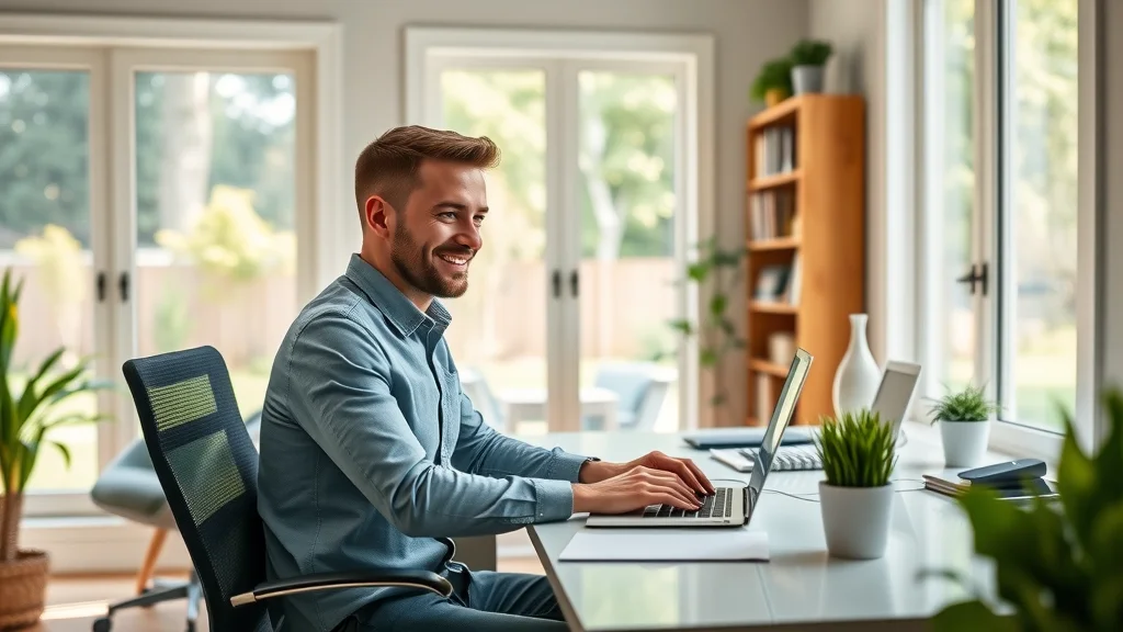 Bright home office addition with large windows, ergonomic furniture, and lush backyard view — home office, room additions