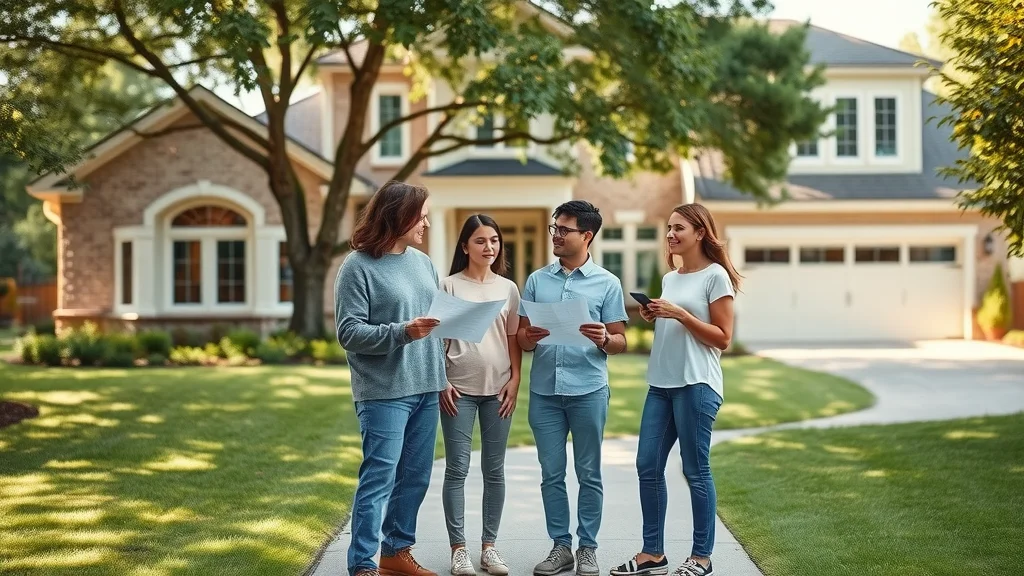 Contemporary suburban home exterior with family discussing room addition plans, featuring house blueprints and lively atmosphere — room additions