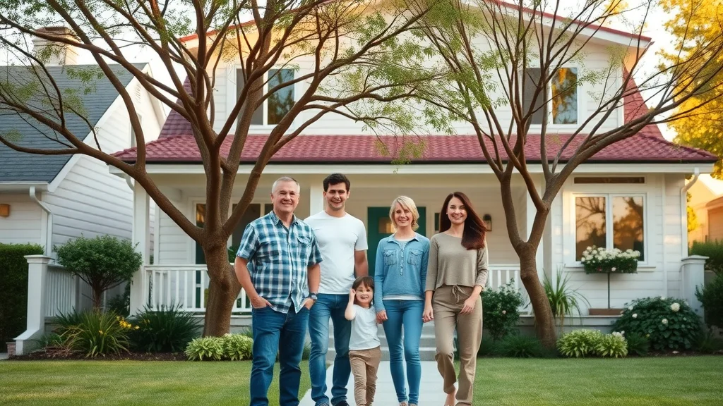 Inviting modern family home exterior showing the difference between bump out and addition, with family in front of newly extended house area, high realism
