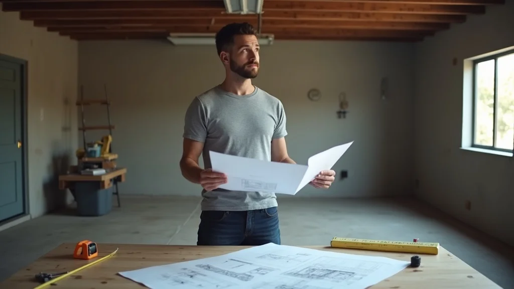 Homeowner planning garage conversion room addition, blueprints in garage