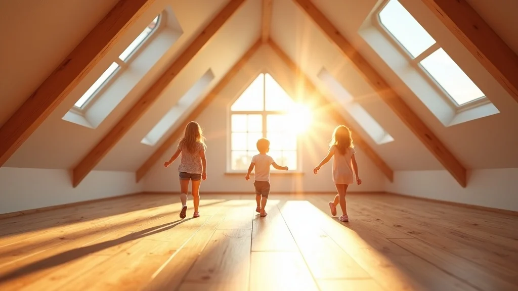 Bright contemporary attic space featuring an inviting family exploring an empty sunlit attic with high ceilings, hardwood floors, exposed beams, and streaming natural light - attic room addition possibilities