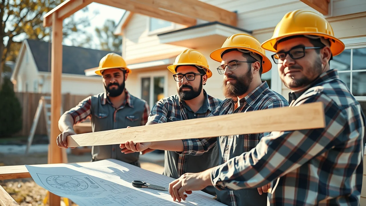 Suburban home under construction, showing full room addition project with focused builders and frame structure, reflecting difference between bump out and addition