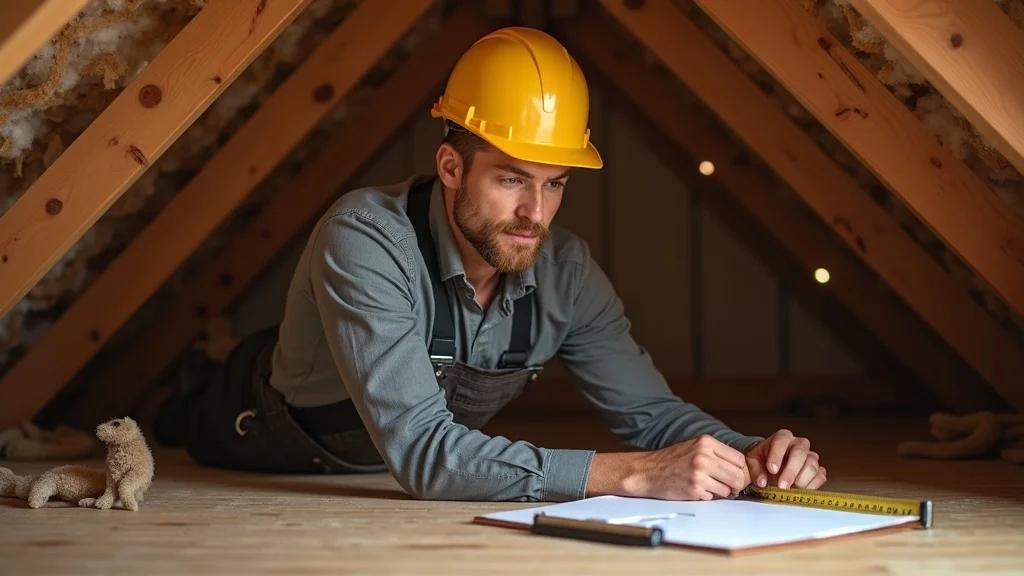 Professional home inspector measuring attic dimensions for renovation, focused and analyzing the semi-finished attic space, with visible insulation and detailed wood beams