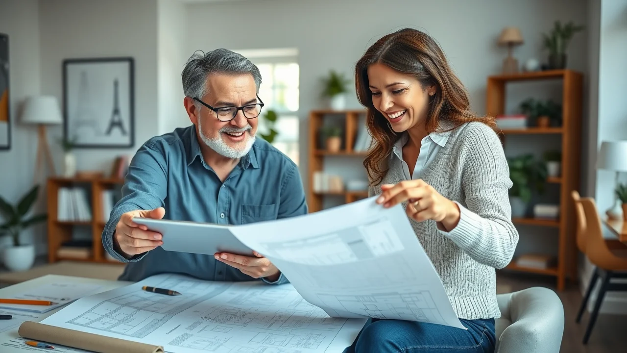Architect and homeowner reviewing home addition blueprints for a Northern Virginia remodel, emphasizing building permits and setback requirements