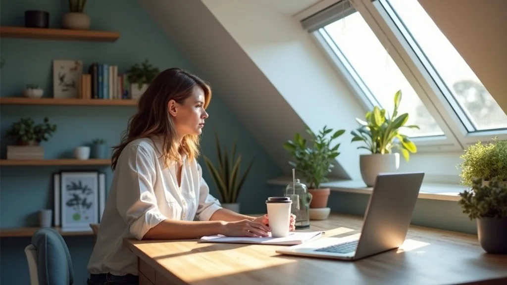 Modern attic home office with a professional at a desk by an attic window, organized shelving, laptop, and natural morning light illuminating the space