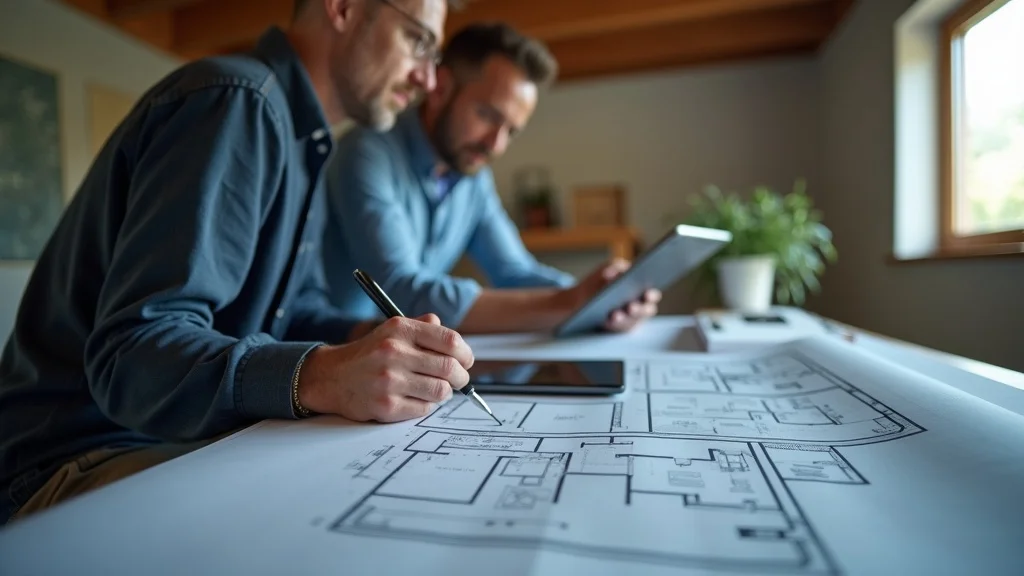 Homeowner and contractor reviewing basement addition blueprints and floor plan in a professional basement room addition planning session