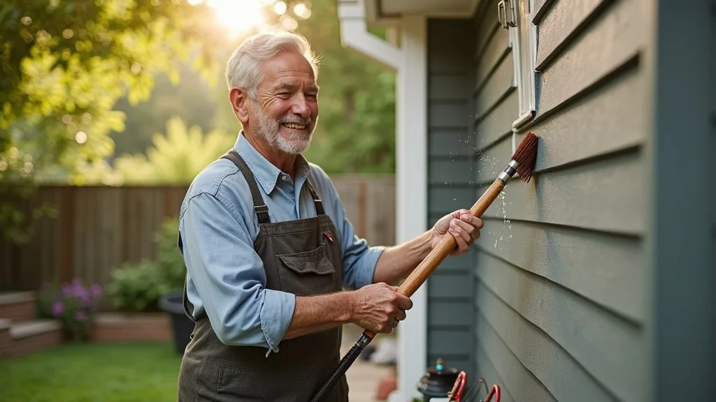 Mature homeowner cleaning fiber cement siding with a brush and hose, Creve Coeur backyard, photorealistic, rich textures, clear daylight