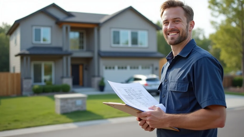 Professional elite preferred Hardie siding contractor in branded uniform with clipboard on a Creve Coeur driveway, modern home in background, photorealistic high realism