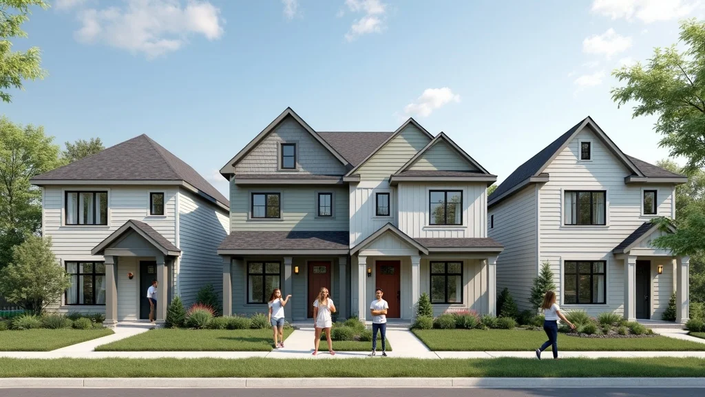 St Louis homes side-by-side with fiber cement siding and traditional cement siding, showing diverse lap siding styles and satisfied families enjoying curb appeal.