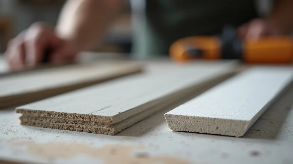 Closeup of fiber cement siding sample and standard cement siding sample on a contractor’s workbench in Creve Coeur, realistic material texture, photorealistic, high detail, soft studio light