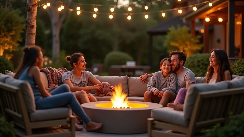 Modern outdoor living space with family enjoying comfortable seating, fire pit, and lush greenery.