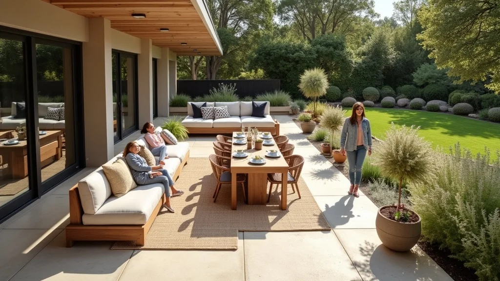 Zoned outdoor living space with dining, lounge, and play areas, featuring textured rugs, planters, and comfortable seating.