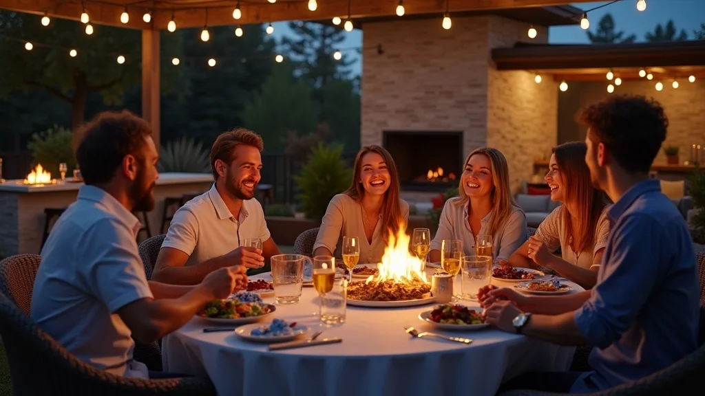 outdoor kitchen with fireplace in outdoor living space, guests enjoying food and flames beneath a modern pergola