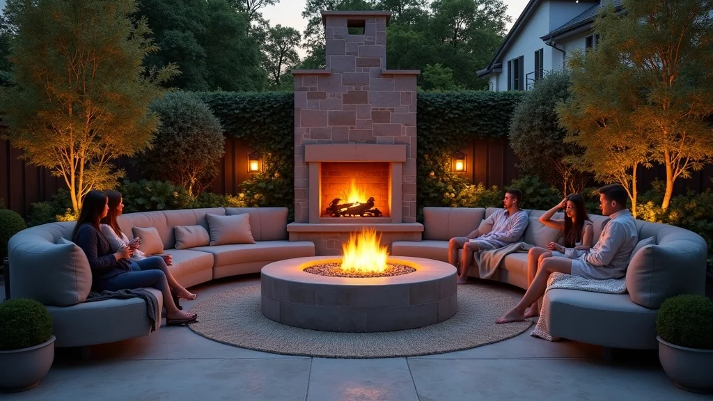 built-in stone seating circling a cozy outdoor fireplace, people lounging with cushions and blankets in a well-designed backyard