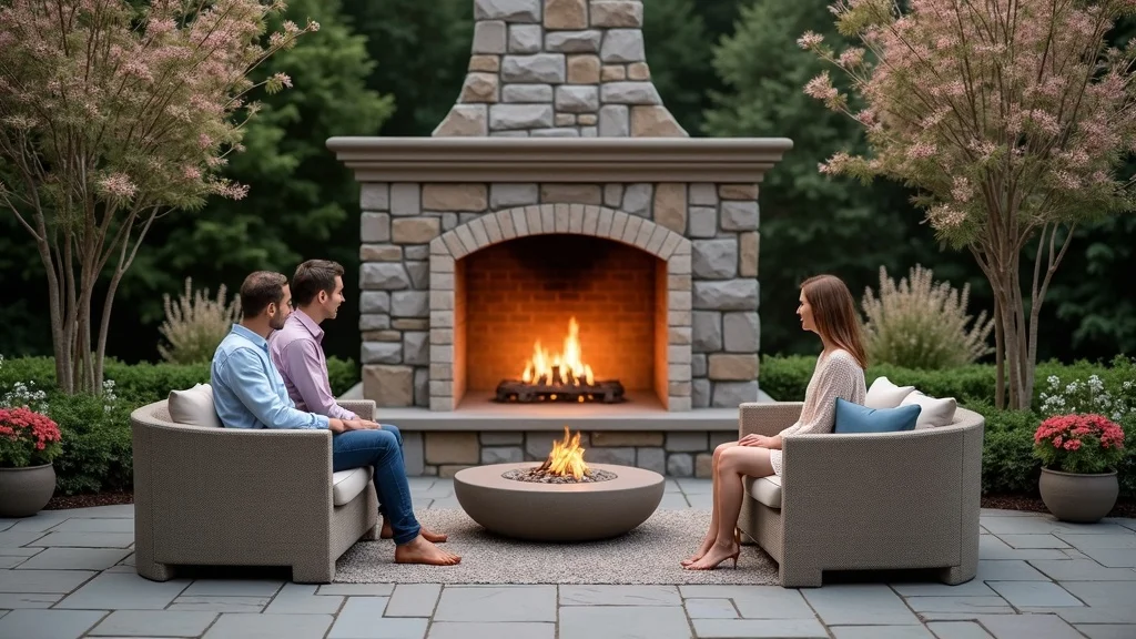 stone fireplace centerpiece in outdoor living space with couple enjoying the glowing fire and elegant garden setting