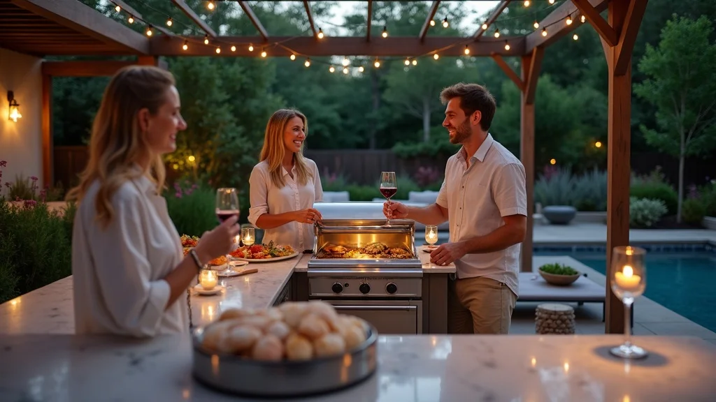 Adults entertaining guests while preparing food in a high-end outdoor kitchen with lounge and lush landscaping.