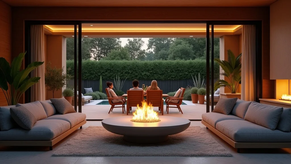 outdoor living space with fire feature, showcasing indoor-to-outdoor flow with cozy family scene and glowing fire table