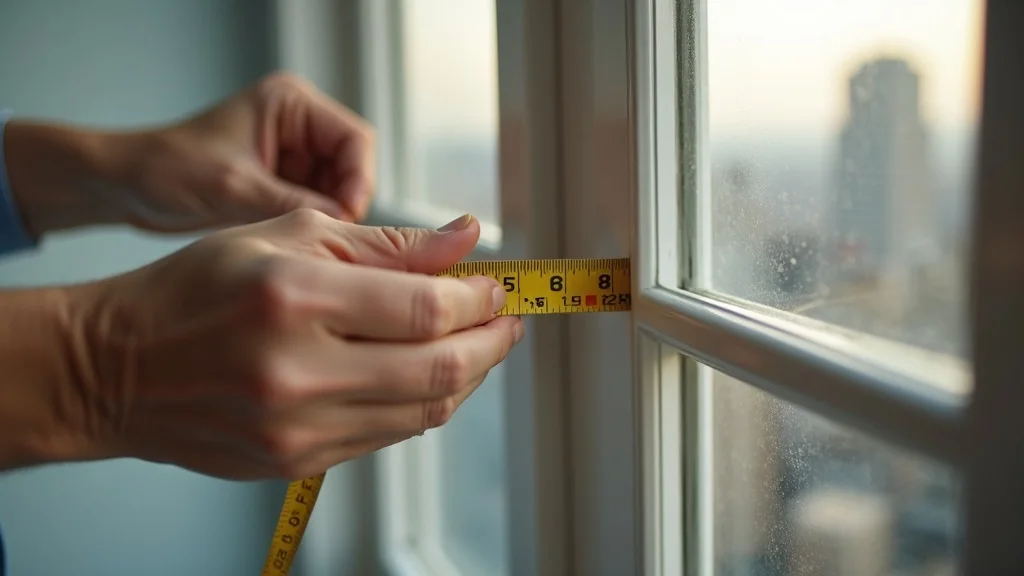 Close-up of a hand measuring middle width of a window frame with tape measure for how to measure for window replacement