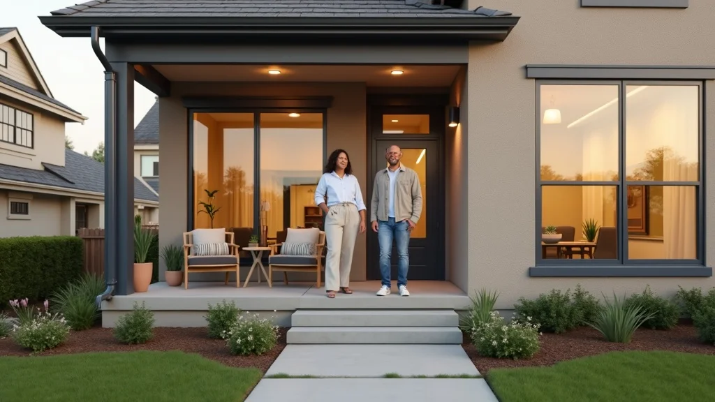 Inviting modern home exterior with newly installed large windows reflecting soft daylight, homeowners admiring results on front porch, benefits of professional window installation