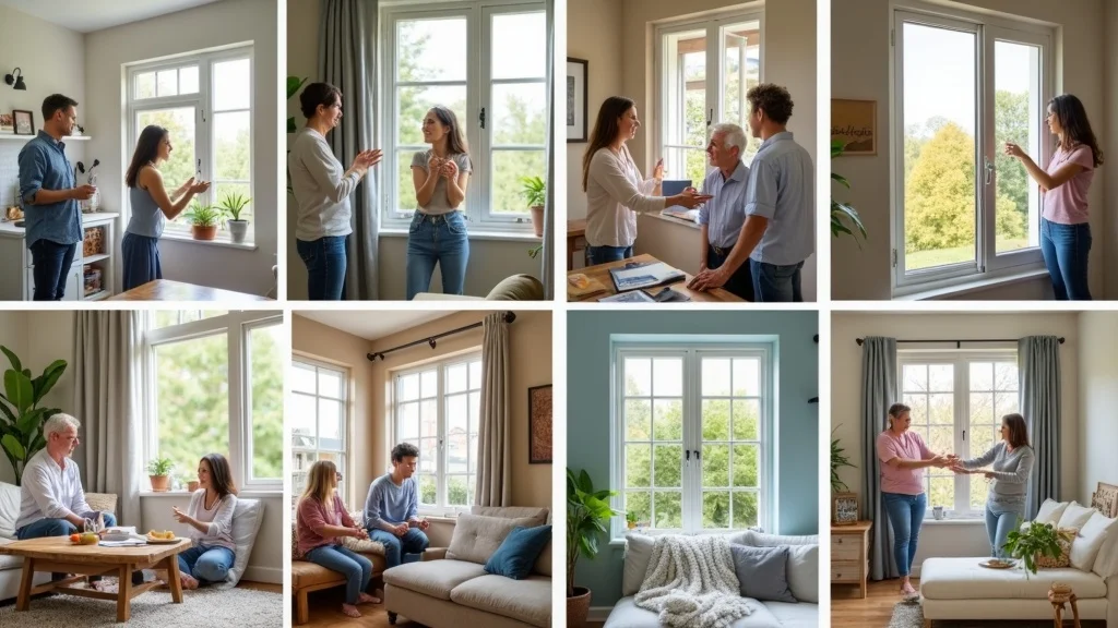 Collage of window styles with smiling, satisfied homeowners enjoying natural light and beautiful interiors, highlighting the benefits of professional window installation