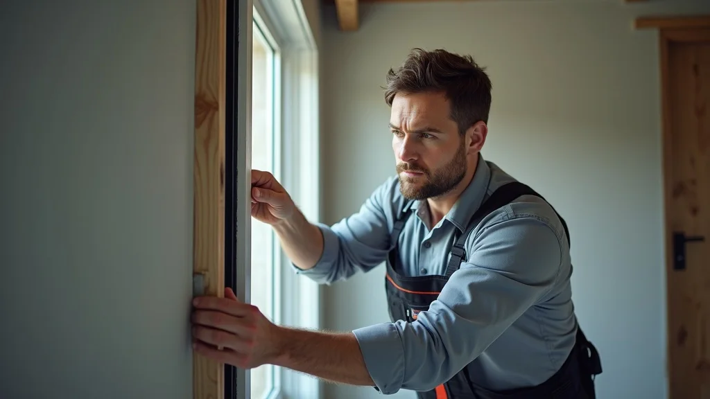 Professional window installer focused on positioning window frame, demonstrating certified expertise and quality assurance in professional window installation