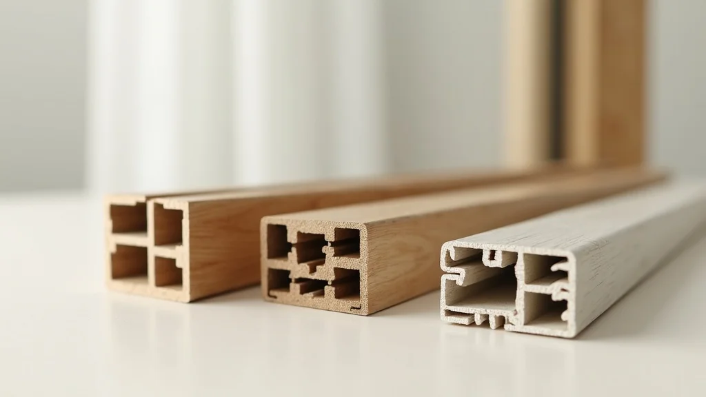 close-up of vinyl window, wood, and composite frame samples for premium window replacement