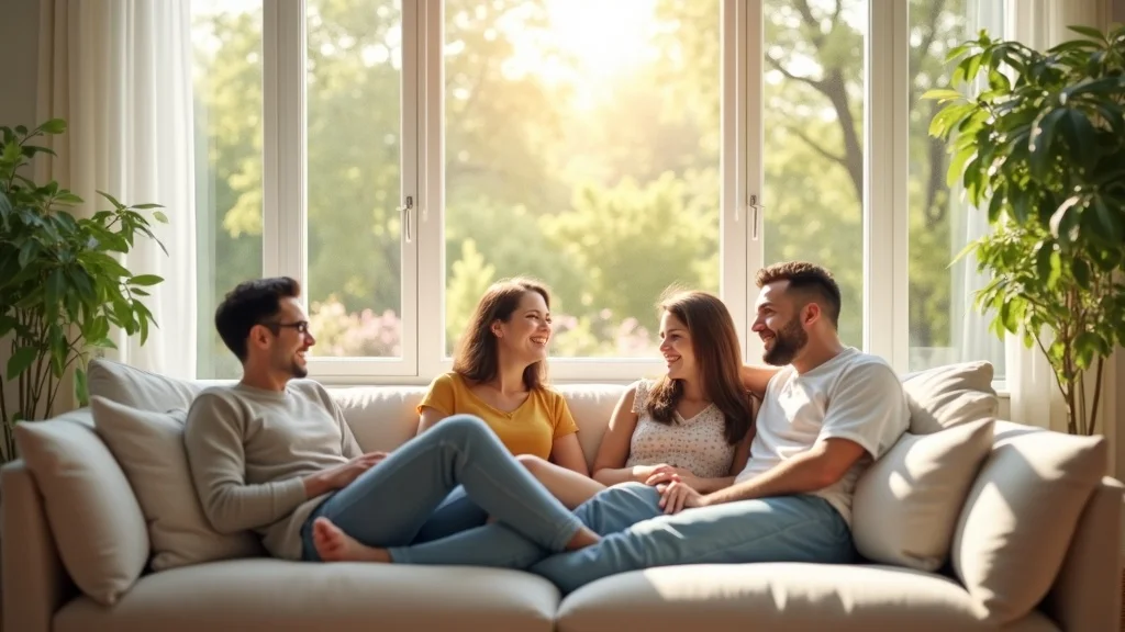 Bright living room with large energy-efficient windows, family enjoying comfort and natural light, highlighting energy efficiency benefits of professional window installation