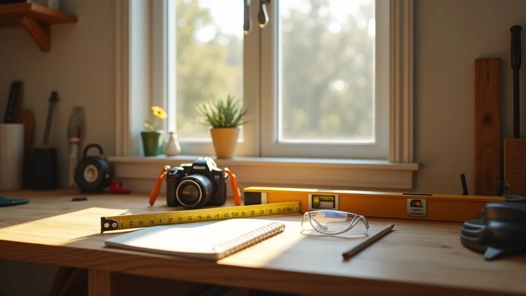Tools like tape measure, notepad, and level for accurate window measurement