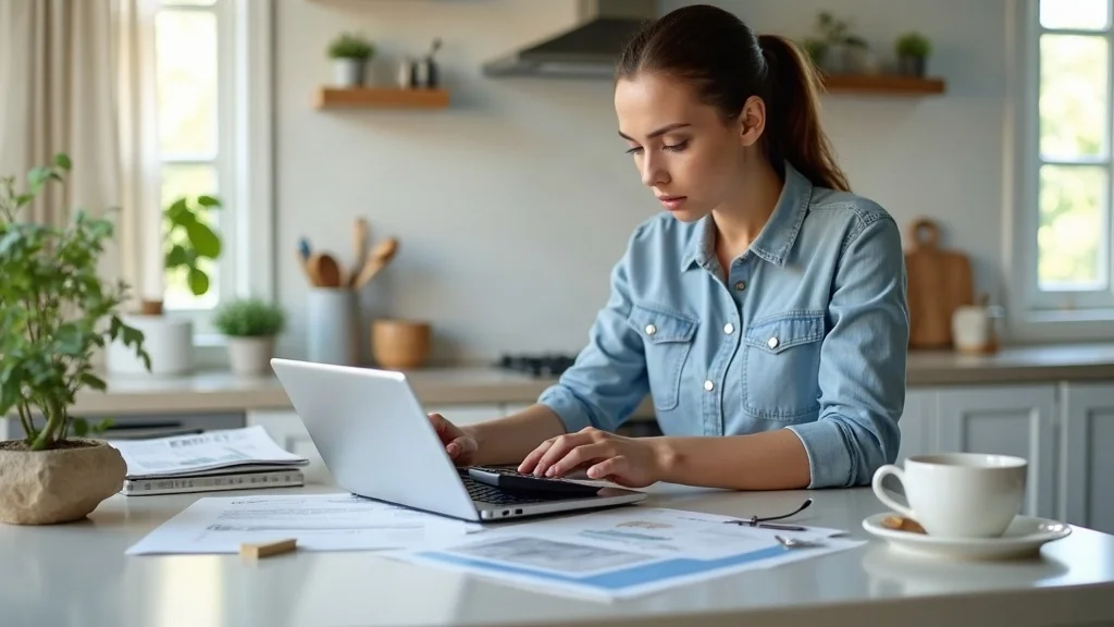 Homeowner using a digital tablet and calculator to plan a bathroom remodel budget
